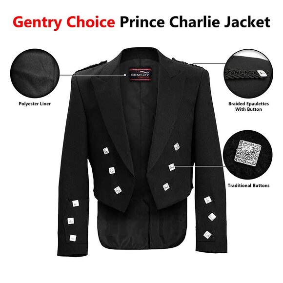 Mens Prince Charlie Scottish Bagpipe Jacket & Waistcoat Vest Black Formal Wear - Picture 8 of 10